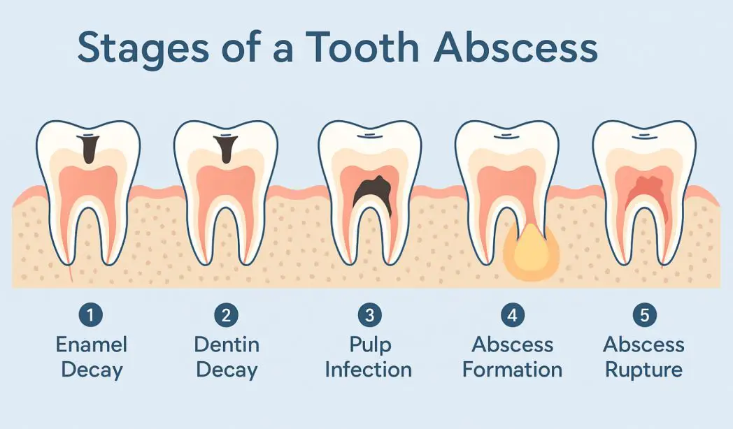 Stages of a tooth abscess — enamel decay to abscess rupture — SJ Apex Dental Kondapur